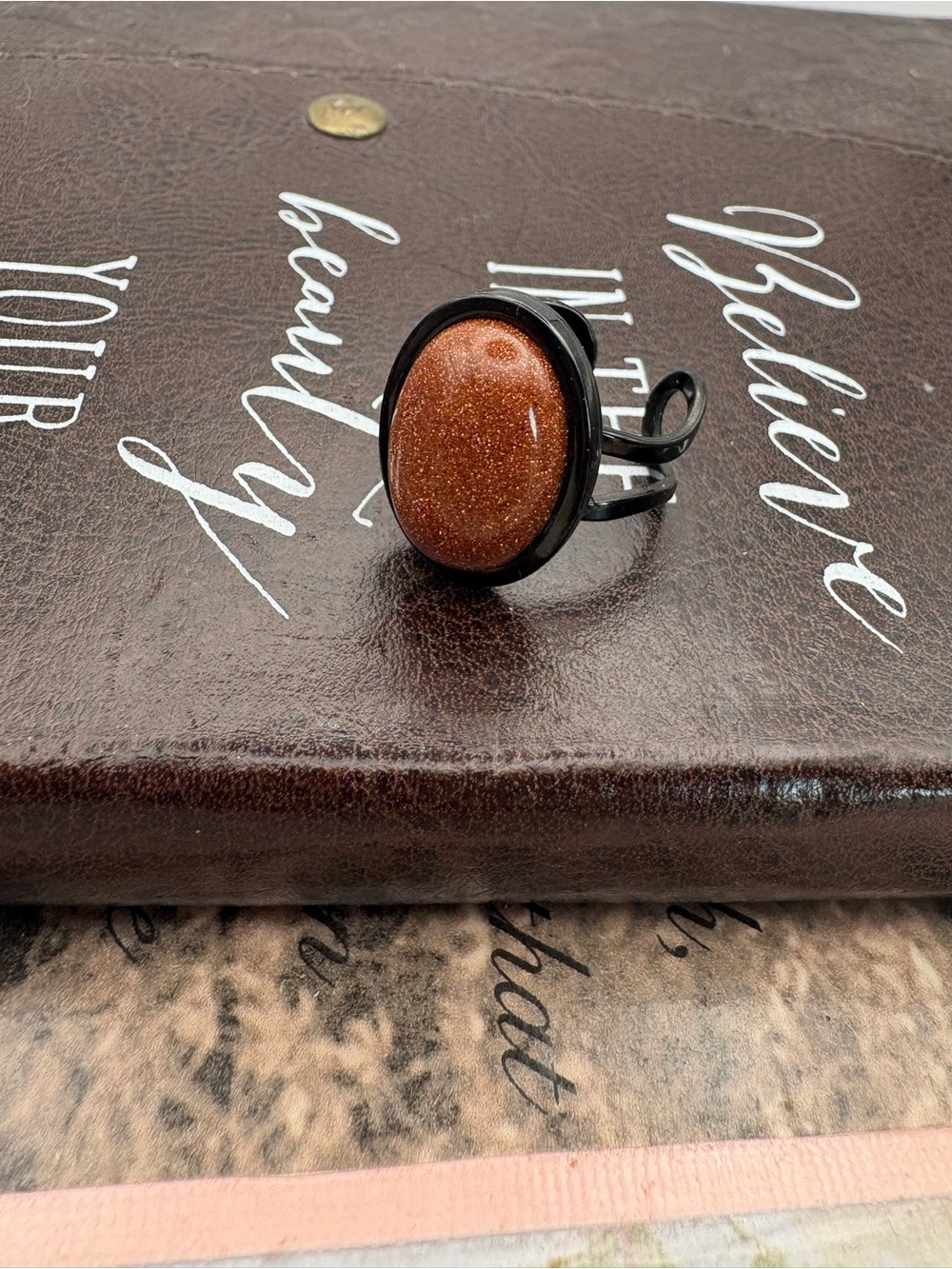 Handmade Goldstone Ring Whimsigoth Celestial Witchy Black Adjustable